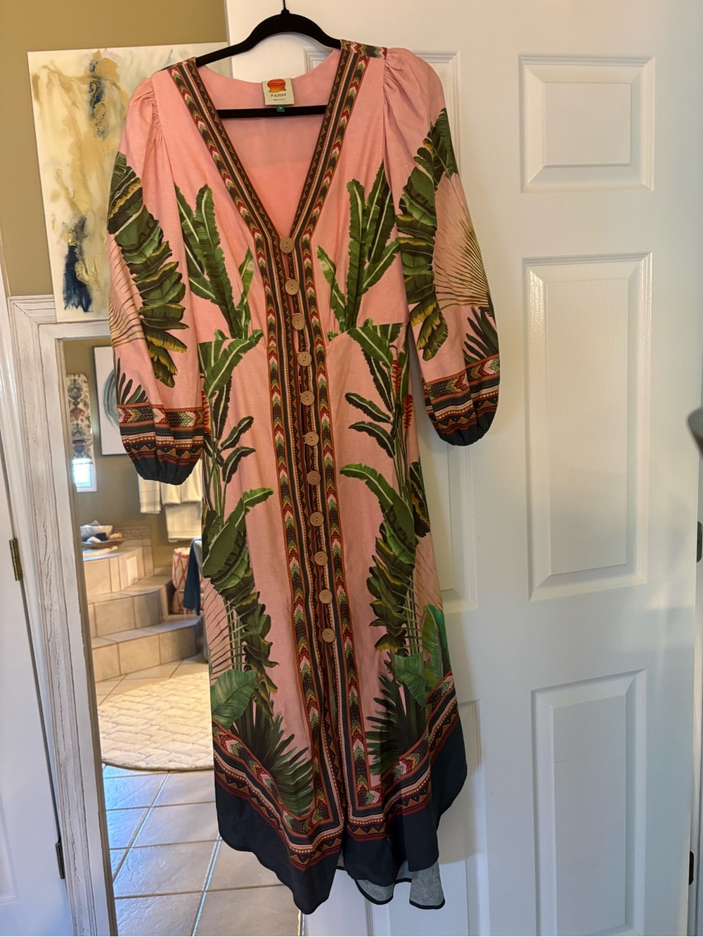 Pink Tropical V-Neck Maxi Dress with Green Leaf Print